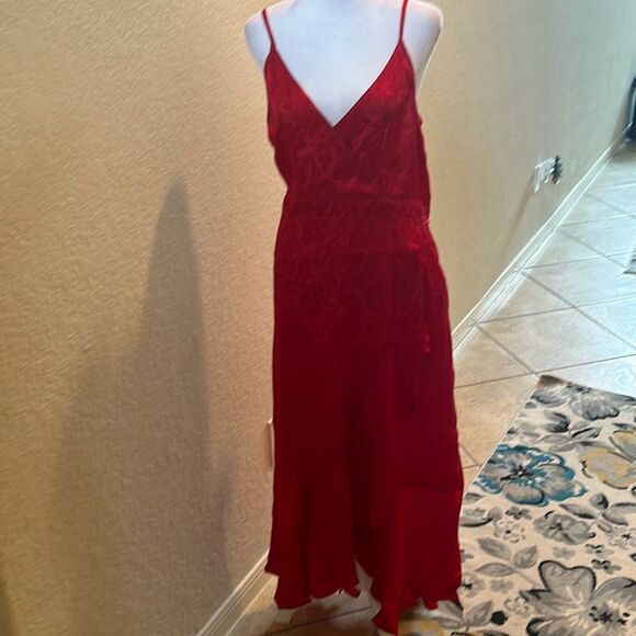 Preloved Band Of The Free Women's L Anina Ruby Red Wrap Midi Dress Red Jaquard F - Picture 12 of 16